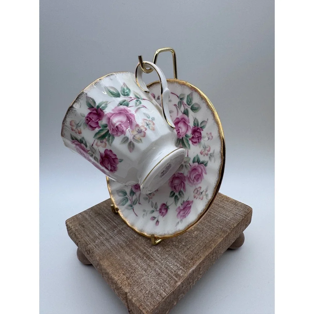 Duchess Bone China England Pink Rose Tea Cup and Saucer Set Gold Trim Vintage